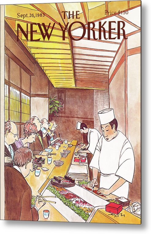 (japanese Chefs Prepare Dinners At Sushi Bar For Seated Customers.) Dining High Class Foreign Japan Sashimi Restaurants Charles Saxon Csa Artkey 46217 Metal Print featuring the painting New Yorker September 26th, 1983 by Charles Saxon