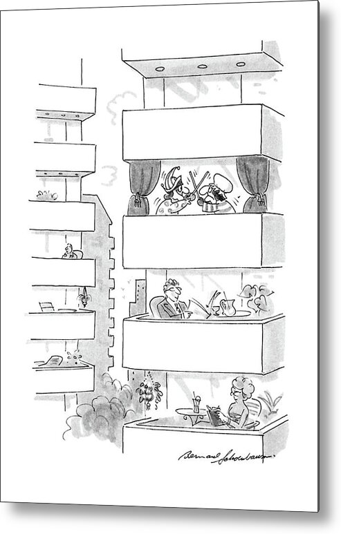 No Caption
An Apartment House With Balconies On All Floors - We Can See Three Of Them Clearly. On Two Metal Print featuring the drawing New Yorker September 5th, 1988 by Bernard Schoenbaum