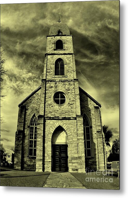 Michael Tidwell Photography Metal Print featuring the photograph Old St. Mary's Church in Fredericksburg Texas in Sepia by Michael Tidwell