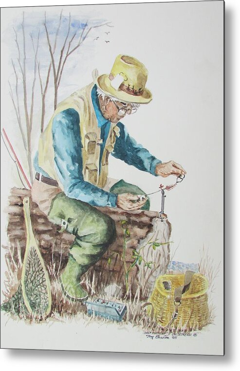 Trout Fisherman Metal Print featuring the painting On Stream by Tony Caviston