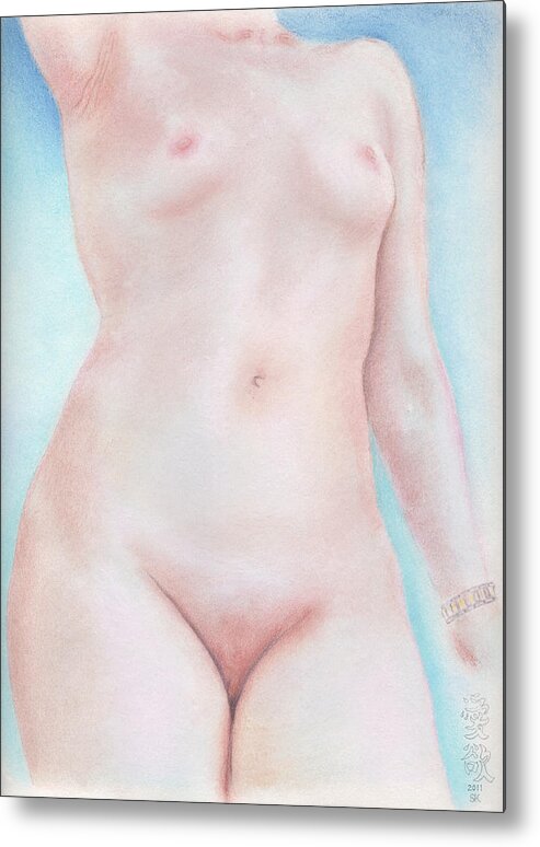 Female Nude Metal Print featuring the drawing On the Artists Pedestal a Statuesque Female Nude Torso with Open Sky Behind by Scott Kirkman