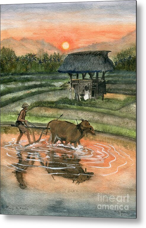 Plowing The Ricefield Metal Print featuring the painting Plowing The Ricefield by Melly Terpening