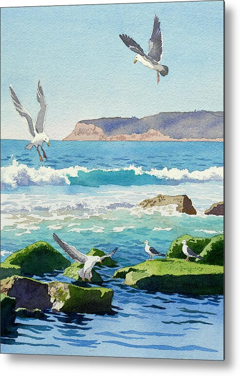 Point Loma Metal Print featuring the painting Point Loma Rocks Waves and Seagulls by Mary Helmreich