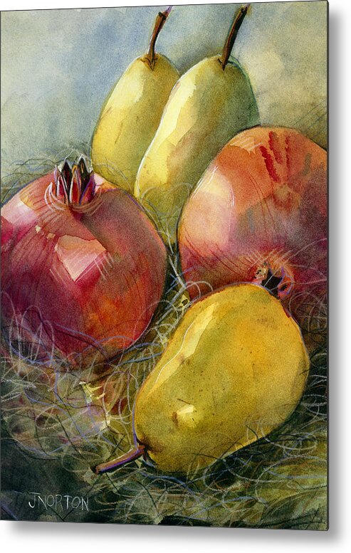 Jen Norton Metal Print featuring the painting Pomegranates and Pears by Jen Norton