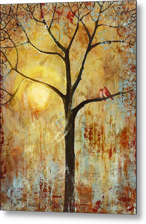 Love Birds Metal Print featuring the painting Red Love Birds in a Tree by Blenda Studio