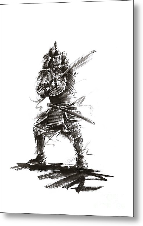 Samurai Armor Poster Metal Print featuring the painting Samurai Armor Poster, Samurai Ink Painting, Samurai Sword Poster, Samurai Sword Artwork by Mariusz Szmerdt