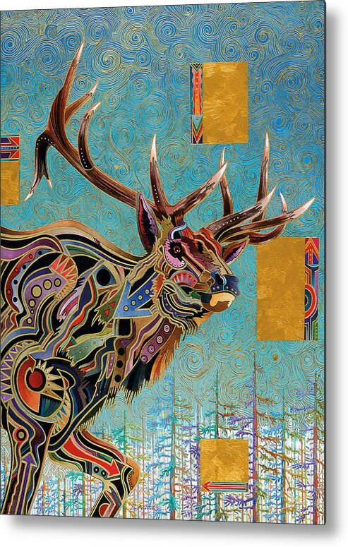 This Was A Commissioned Piece From A Friend. The Elk Was Taken On The Apache Indian Reservation In Arizona. I Tried To Give The Painting And The Subject A Southwestern Color Feel. I Used A Gold Leaf Pen For The Linear Work In The Background Metal Print featuring the painting Southwestern Elk by Bob Coonts