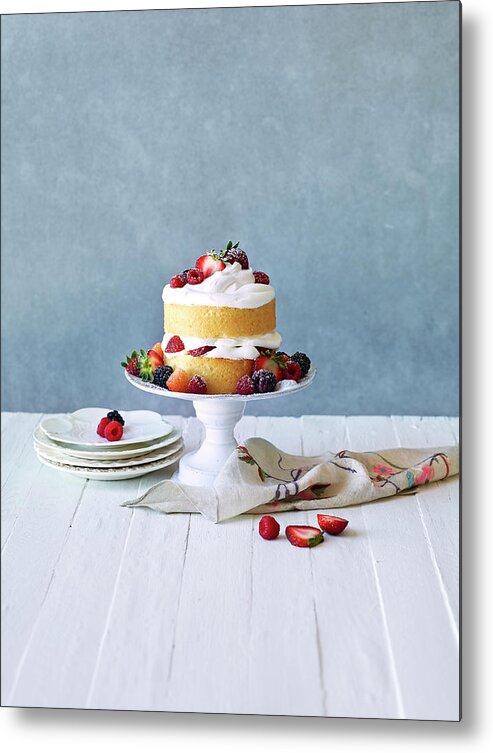 Temptation Metal Print featuring the photograph Still Life Berry Cream Layer Cake by Annabelle Breakey