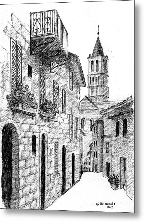 Assisi Street. Old Street Metal Print featuring the drawing Street in Assisi Italy by Al Intindola