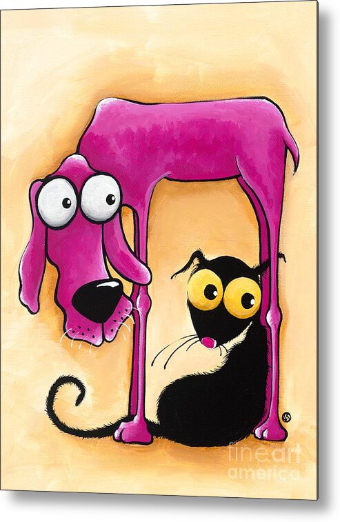 Pet Metal Print featuring the painting Stressie Cat and the pink dog by Lucia Stewart