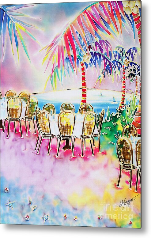 Dinner Metal Print featuring the painting Tables on the beach by Hisayo OHTA
