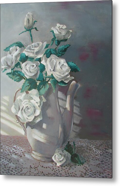 Bedroom Scene Metal Print featuring the painting Tea Pot Roses by Tony Caviston