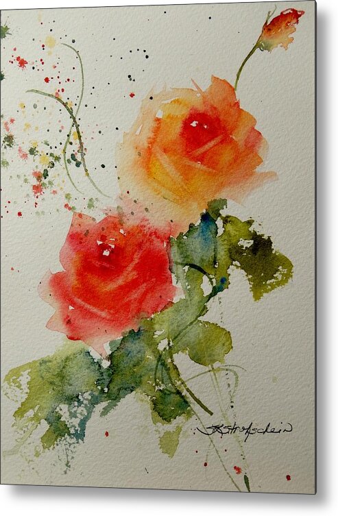 Watercolor Metal Print featuring the painting Tea Roses by Sandra Strohschein