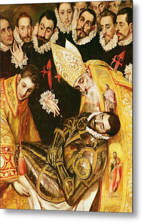 Male; Body; Corpse; Dead; Death; Burying; Knight; Armour; Saint; Saints; Bishop; Ecclesiastical; Robes; Carrying; Supporting; Group; Mourner; Mourners; Spanish; Clergy; Funeral; Ruff; Collar; Traditional; Dress; Costume; Saint Etienne; Saint Augustin Metal Print featuring the painting The Burial of Count Orgaz by El Greco Domenico Theotocopuli