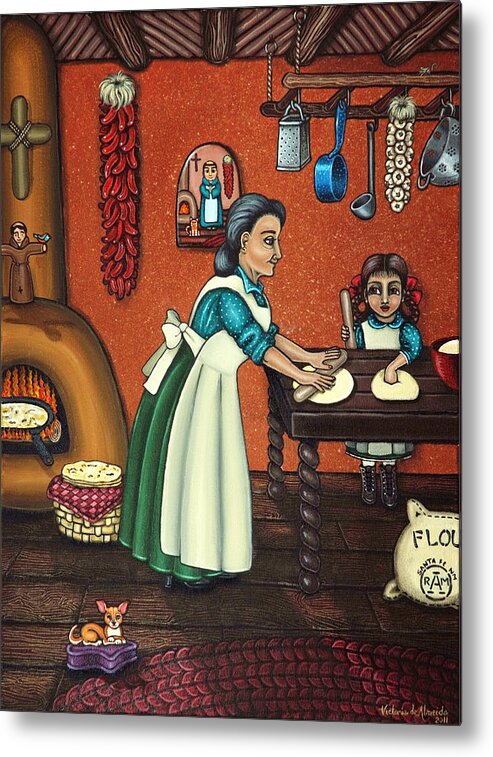 Folk Art Metal Print featuring the painting The Lesson or Making Tortillas by Victoria De Almeida