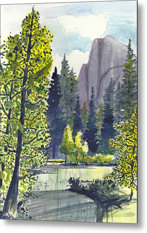 Watercolor Metal Print featuring the painting The River At Yosemite by Terry Banderas