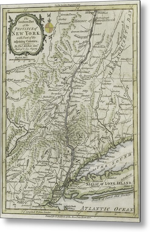 Maps Metal Print featuring the painting The southern part of the Province of New York by Thomas Kitchin