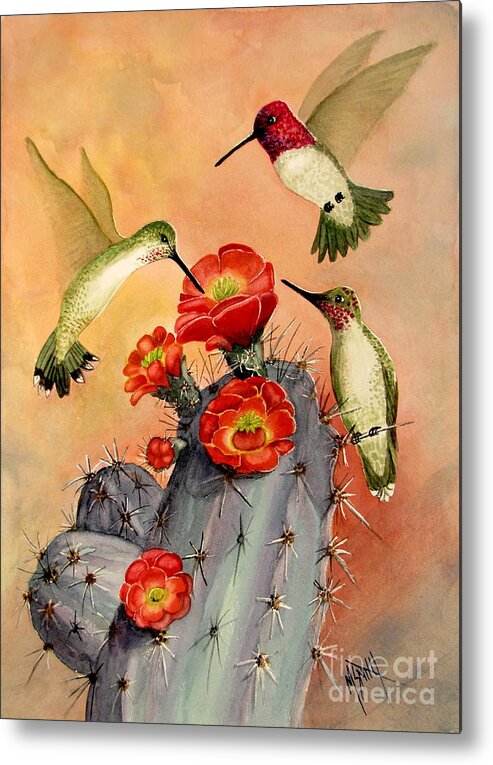 Hummingbirds Metal Print featuring the painting Three For Breakfast by Marilyn Smith