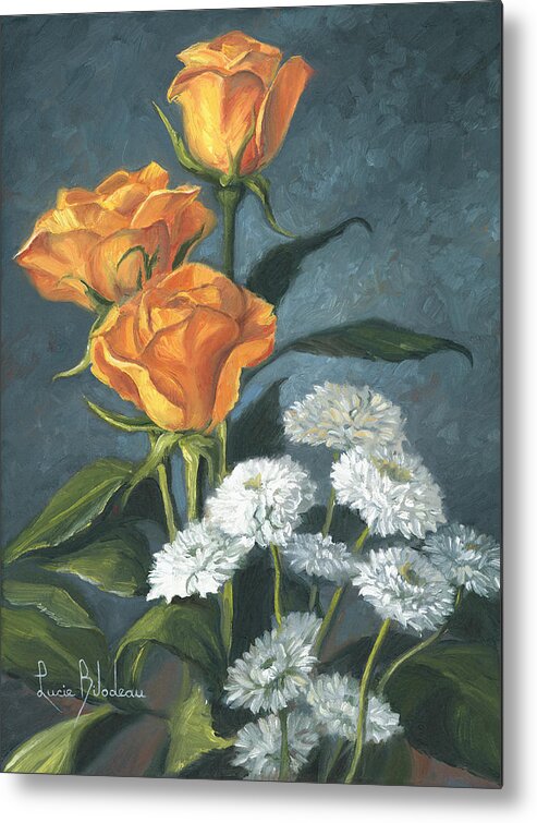 Flower Metal Print featuring the painting Three Roses by Lucie Bilodeau