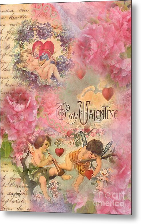 Art;vintage;valentine;cupid;flowers;love;romance;digital Art;digital Collage;unique;one Of A Kind Metal Print featuring the digital art To My Valentine by Ruby Cross