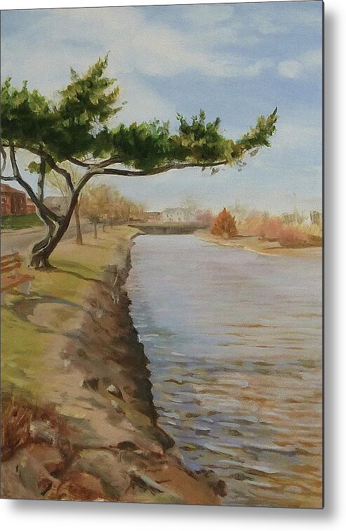 Landscape Metal Print featuring the painting Tree with Lake by Ellen Paull
