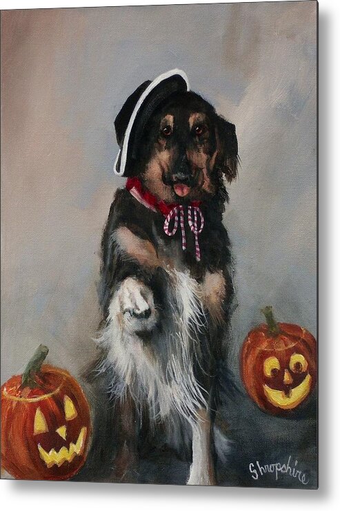 Halloween Metal Print featuring the painting Trick or Treat Dog by Tom Shropshire