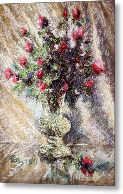 Pastel Metal Print featuring the painting Vase Of Little Red Roses by Pierre VALLON