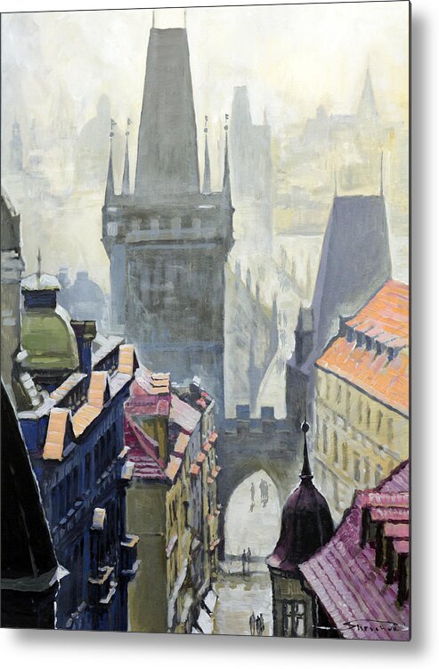 Oil On Canvas Metal Print featuring the painting View from the Mostecka street in the direction of Charles Bridge by Yuriy Shevchuk