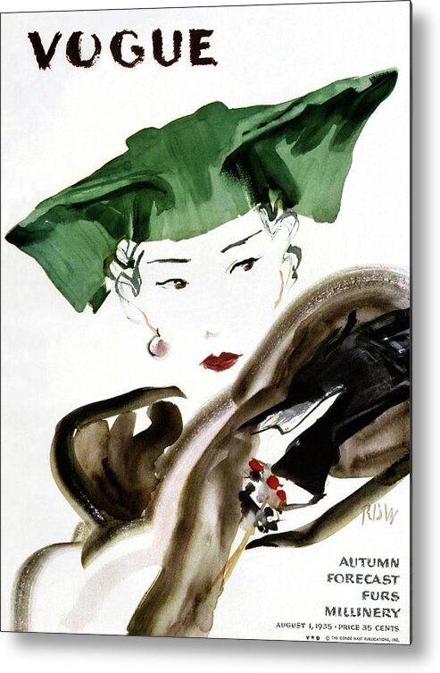 Illustration Metal Print featuring the photograph Vogue Magazine Cover Featuring A Woman Wearing by Rene Bouet-Willaumez