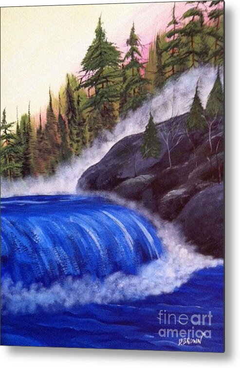 Landscape Metal Print featuring the painting Water Fall by Rocks by Brenda Brown