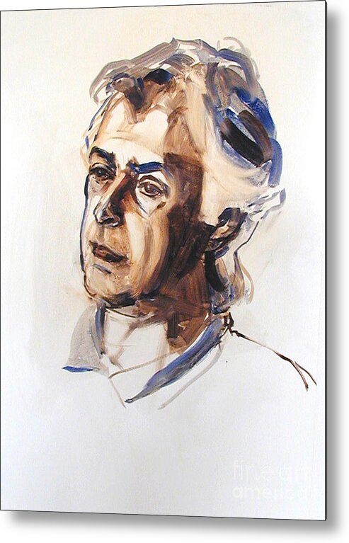 Greta Corens Portraits Metal Print featuring the painting Watercolor Portrait sketch of a man in monochrome by Greta Corens