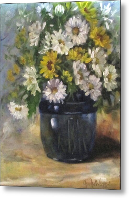 White Daisies Metal Print featuring the painting White and Yellow Daisies Still Life by Cheri Wollenberg