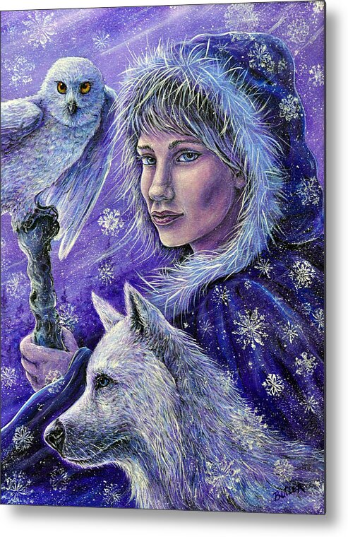 Portrait Fantasy Winter Owl Wolf Snow Wildlife Woman Girl Nature Cold Wind Metal Print featuring the painting Winter by Gail Butler
