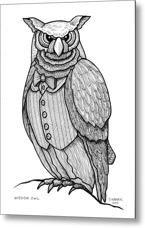 Owl Metal Print featuring the drawing Wisdom Owl by Jim Harris
