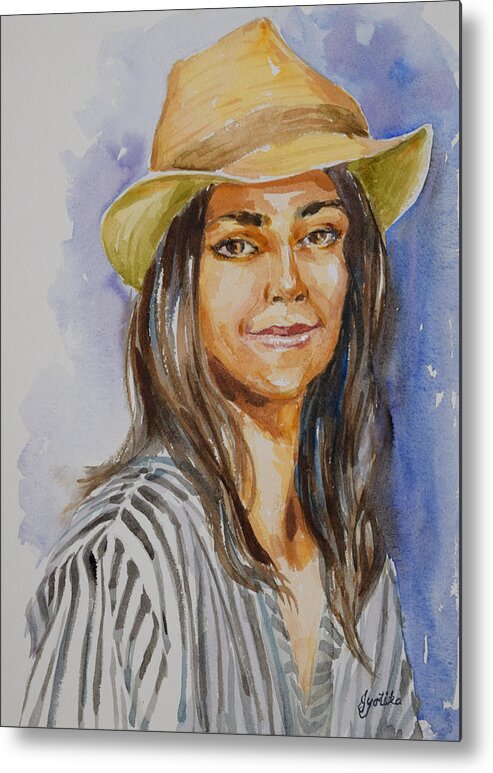  Metal Print featuring the painting Woman with straw hat by Jyotika Shroff