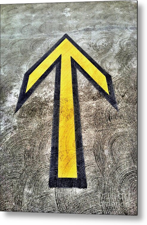 Abstract Metal Print featuring the photograph Yellow directional arrow on pavement by Bryan Mullennix