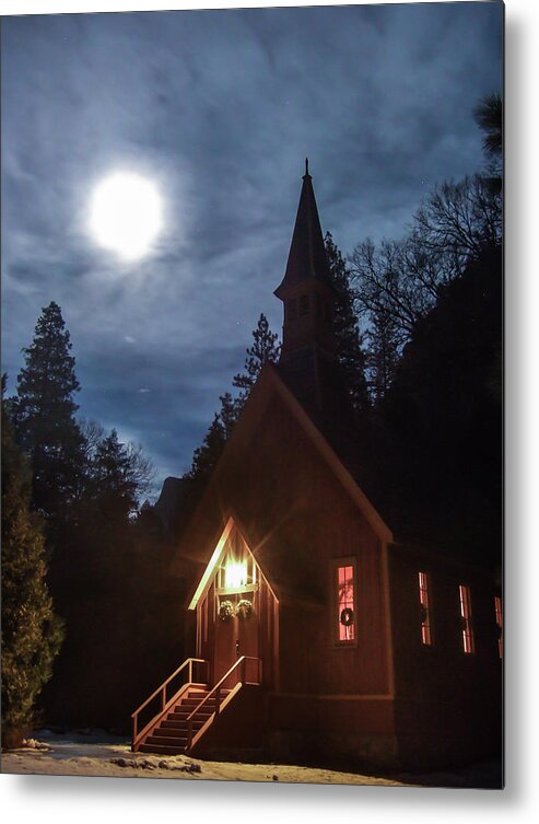 Landscape Metal Print featuring the photograph Yosemite Chapel Under A Full Moon by Marc Crumpler