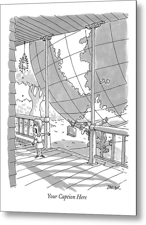 'your Caption Here'(father Coming Home Carrying Giant Globe On His Back As Daughter On Porch Shouts To Someone In House.)atlas Metal Print featuring the drawing 'your Caption Here' by Jack Ziegler