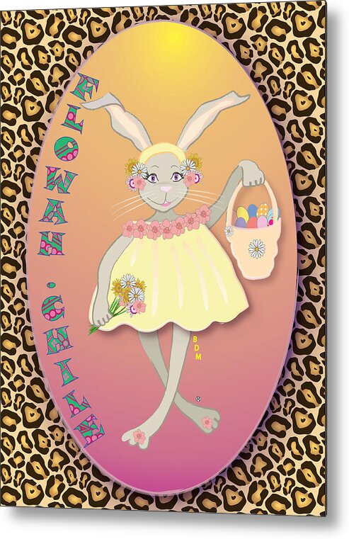 Bunnie Bunny Girl Female Lady Boy Joy Star Sky Ground Clouds Trees Egg Rabbit Hare Hop Blue Red Green Purple Yellow Gold Silver Rose Beige Classy Metal Print featuring the digital art Bunnie Girls- Flowah Chile 1 Of 4 by Brenda Dulan Moore