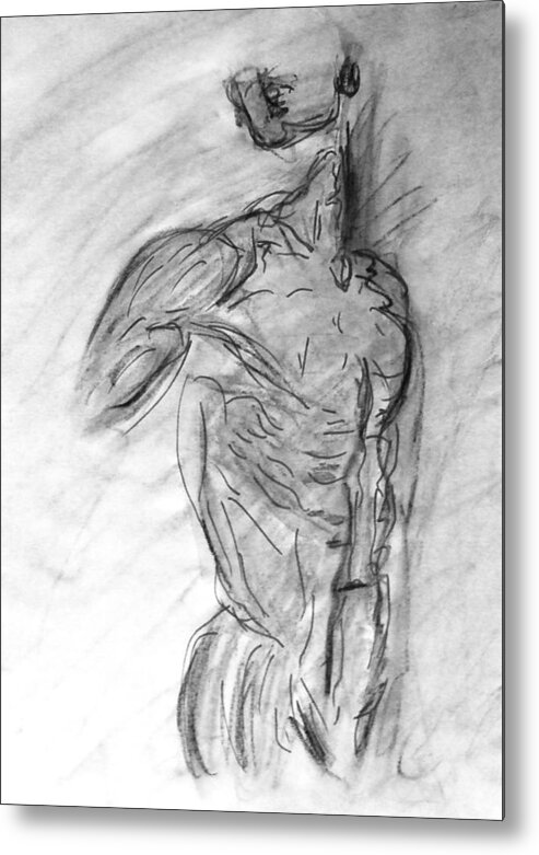 Modern Metal Print featuring the painting Charcoal Classic Jesus Male Nude Looking Over Shoulder Sketch in a Sensual Primal Erotic Black White by M Zimmerman