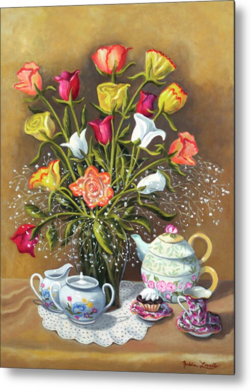 Floral Metal Print featuring the painting Floral With China And Ceramics by Madeline Lovallo