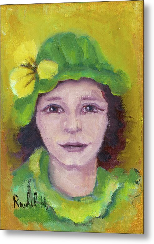 Green Metal Print featuring the painting Green hat face by Rachel Hershkovitz
