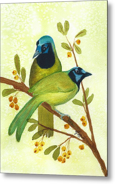 Green Jays Metal Print featuring the painting Green Jay Duo by Elise Boam