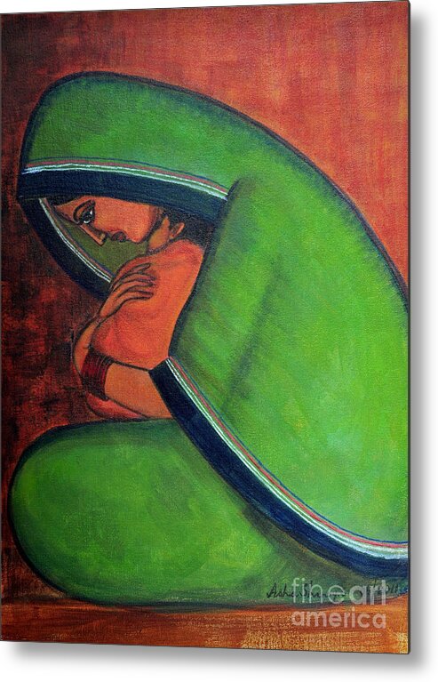 Mother And Child Metal Print featuring the painting Mother- the protector forever by Asha Sudhaker Shenoy