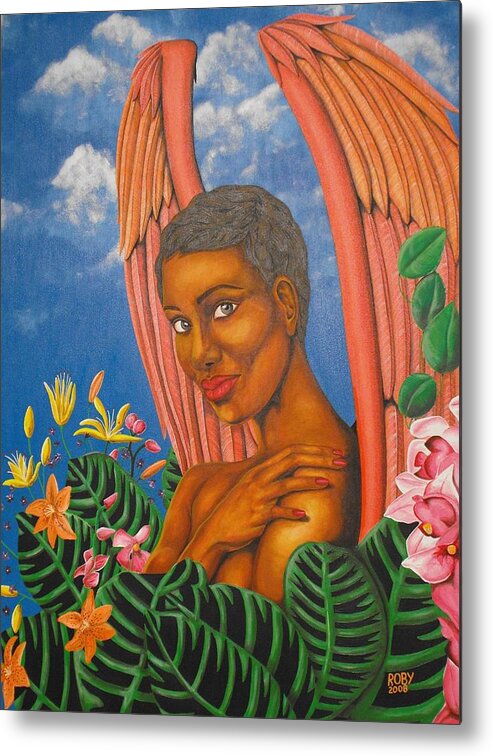 African American Female Angel In Colorful Tropical Setting Metal Print featuring the painting Paradise by William Roby