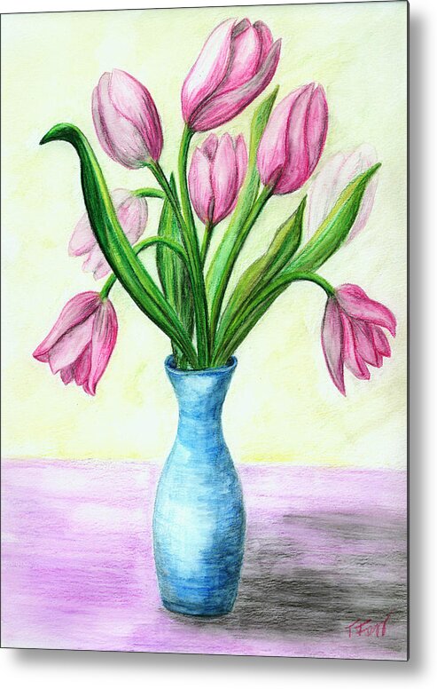 Tulips Metal Print featuring the drawing Pink Tulips by Tatiana Fess