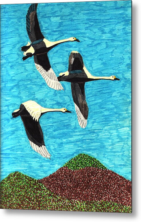 Colored Markers Metal Print featuring the mixed media Swans in Flight by Wendy McKennon