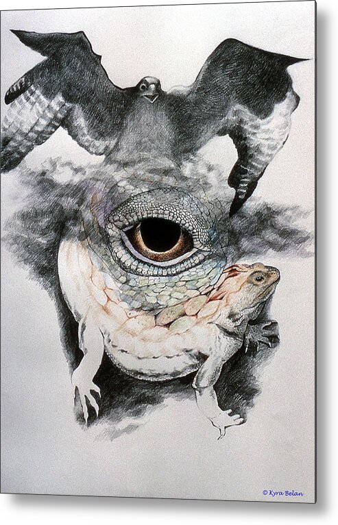 An Eagle Flying Over A Surreal Space Which Includes A Magical Lizard And An Eye Of Power. Metal Print featuring the drawing The Eye of Power by Kyra Belan