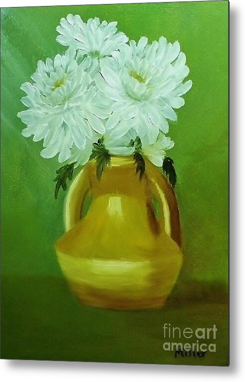 Gold Vase Metal Print featuring the painting White Mums in gold vase by Peggy Miller
