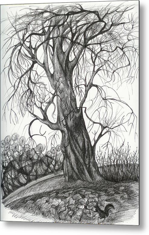 Pen And Ink Metal Print featuring the drawing Autumn Dancing Tree by Anna Duyunova